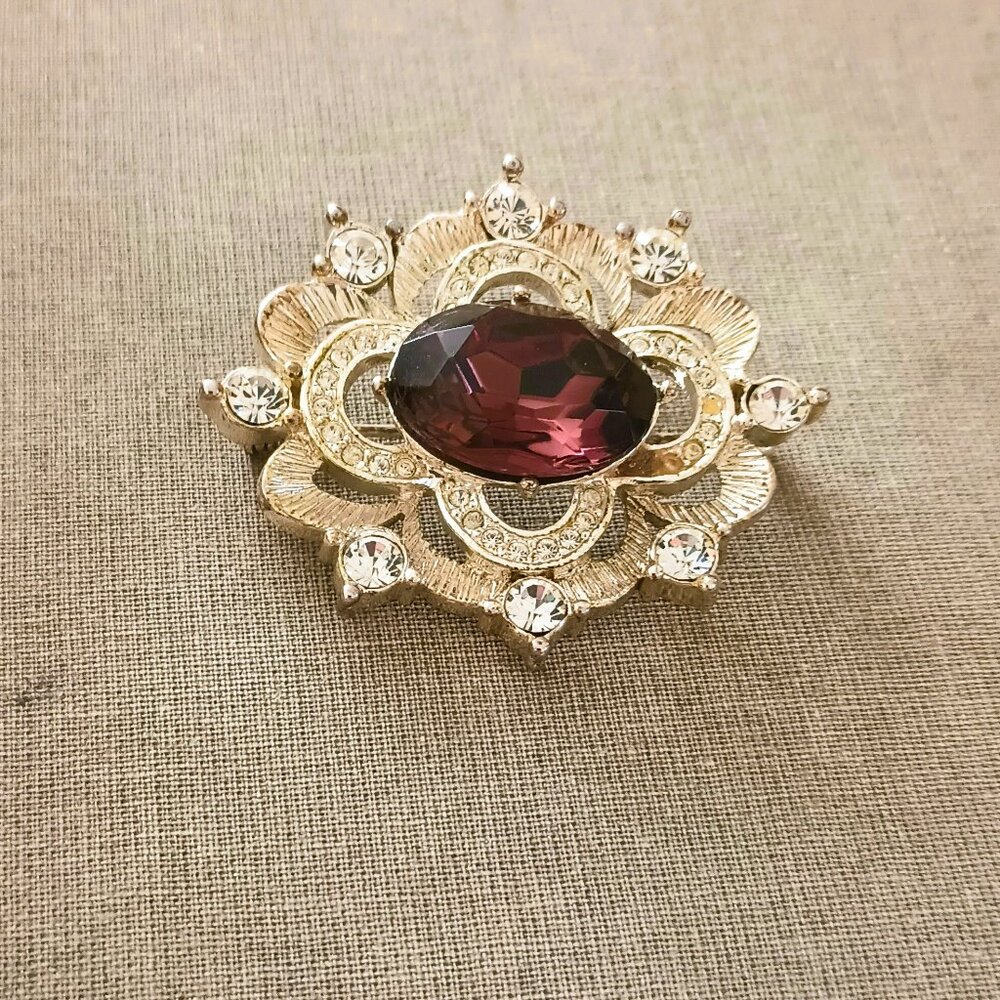 Napier Purple Oval Pave Brooch Silver Tone Floral Pin Mom Statement Jewelry